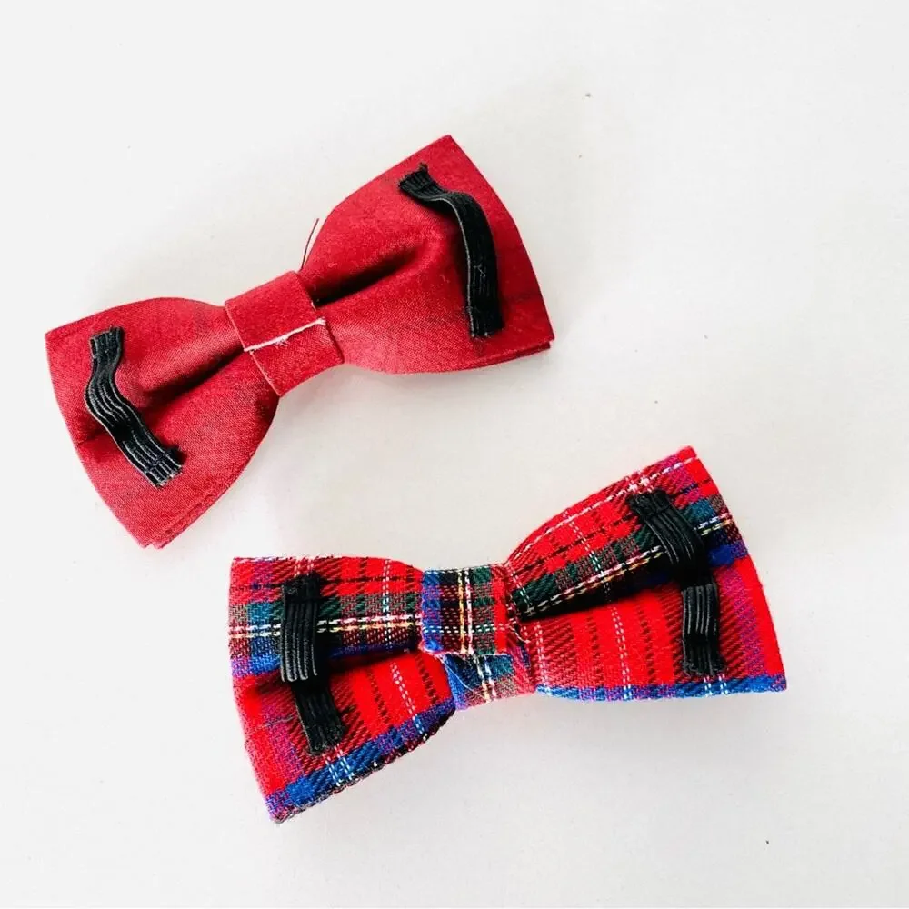 NEW HANDMADE Red Solid Plaid Tartan Print Dog Cat Pet Collar Elastic Bow Tie